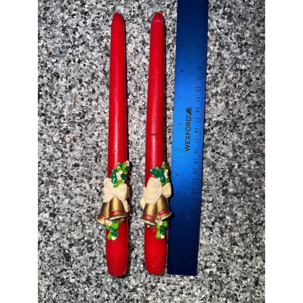 Vintage Red Christmas Taper Candles Set of 2 Gold Bells Holly Wax Relief 10in